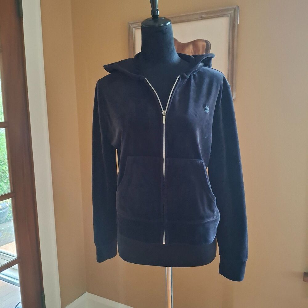 Juicy Couture Velour Hoodie Womens XL Black Full Zip Crown Logo Y2K